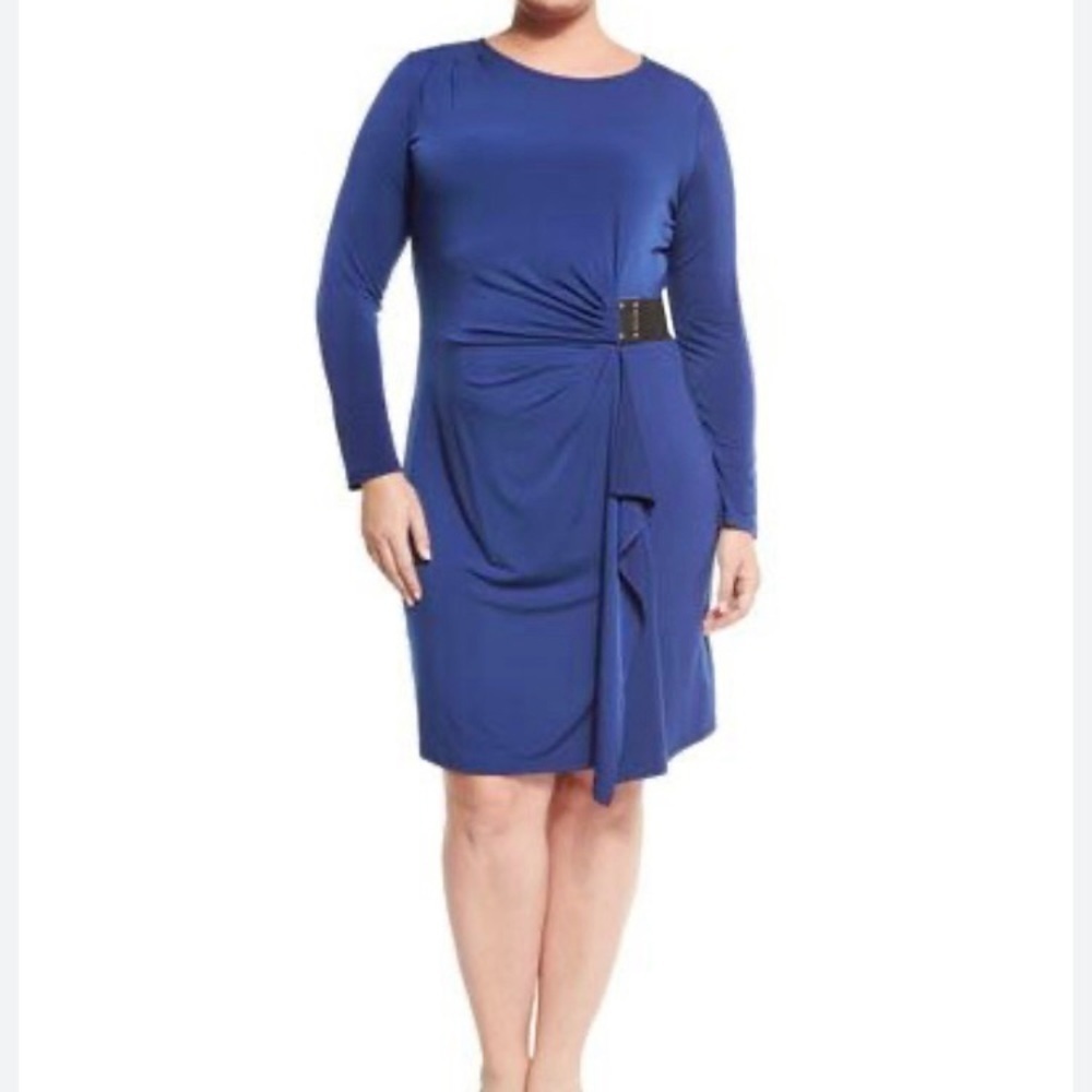Michael Kors-XL navy blue ruched long sleeve faux wrap/gold detail. Back zip EUC